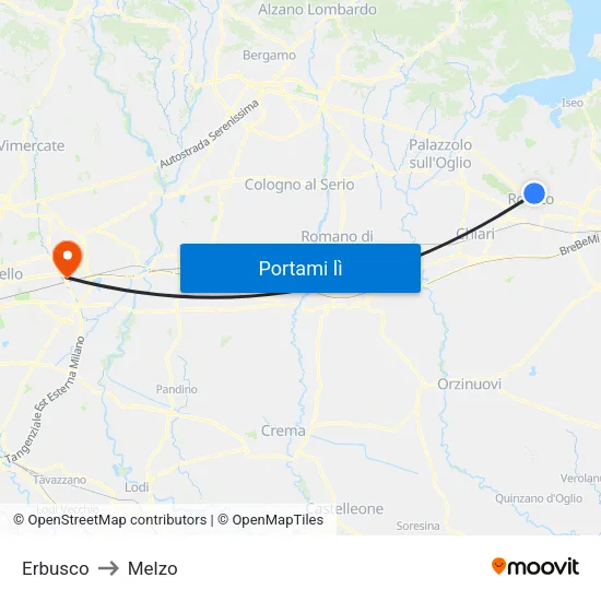 Erbusco to Melzo map