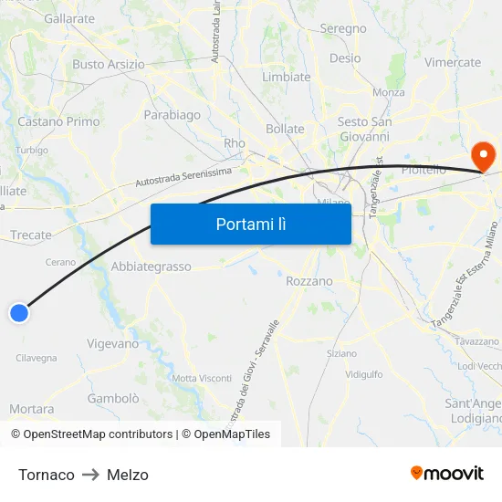 Tornaco to Melzo map