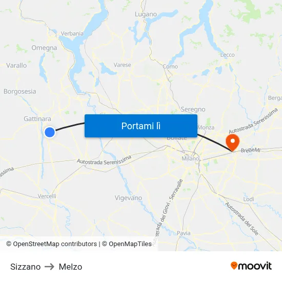 Sizzano to Melzo map