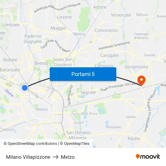 Milano Villapizzone to Melzo map