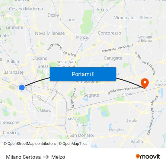 Milano Certosa to Melzo map