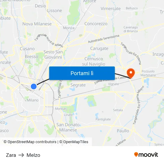 Zara to Melzo map