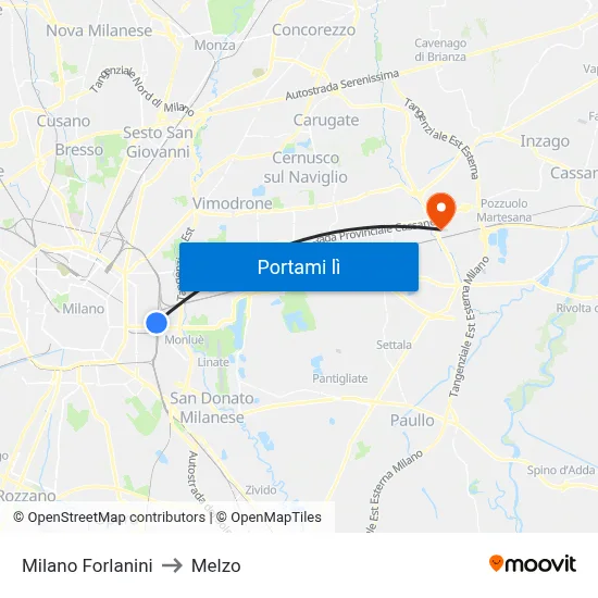 Milano Forlanini to Melzo map