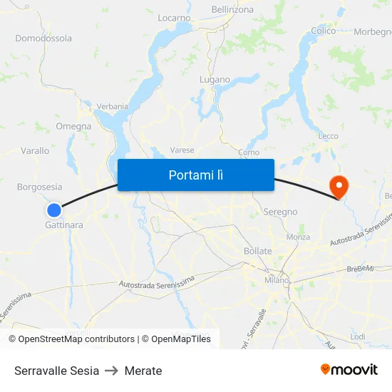 Serravalle Sesia to Merate map
