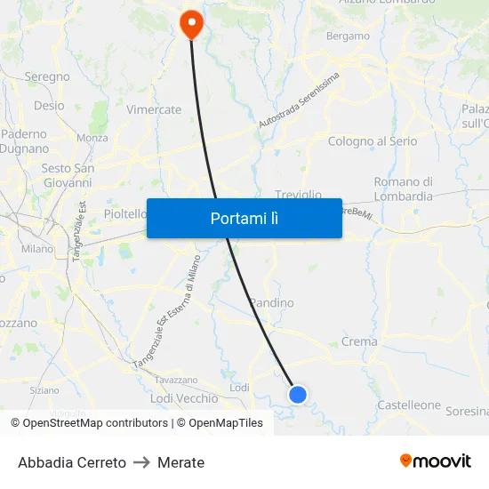 Abbadia Cerreto to Merate map
