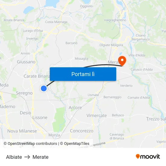 Albiate to Merate map