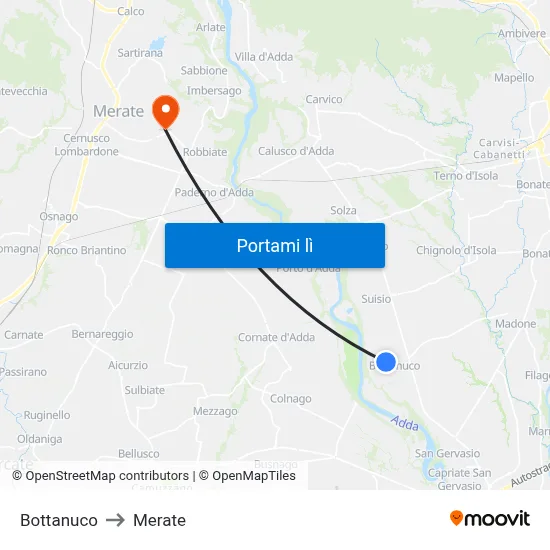 Bottanuco to Merate map