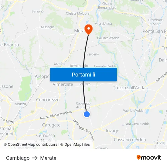 Cambiago to Merate map