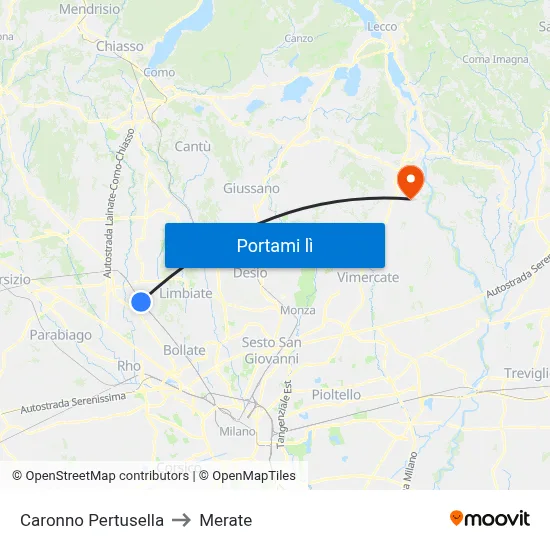 Caronno Pertusella to Merate map
