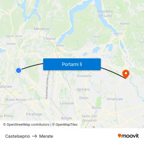 Castelseprio to Merate map