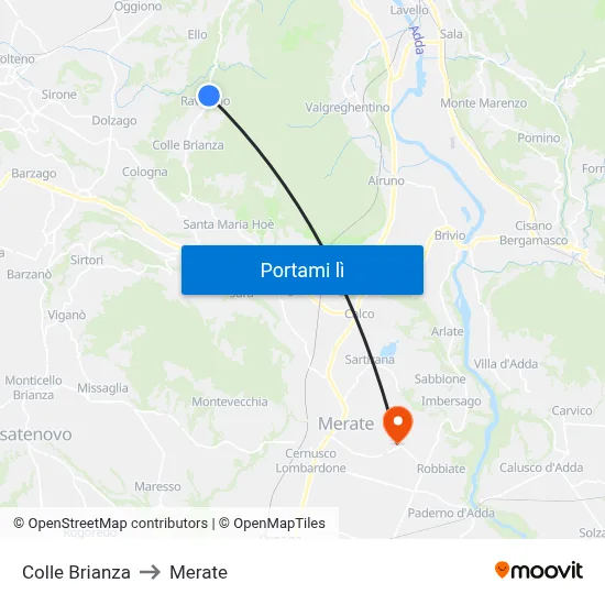 Colle Brianza to Merate map