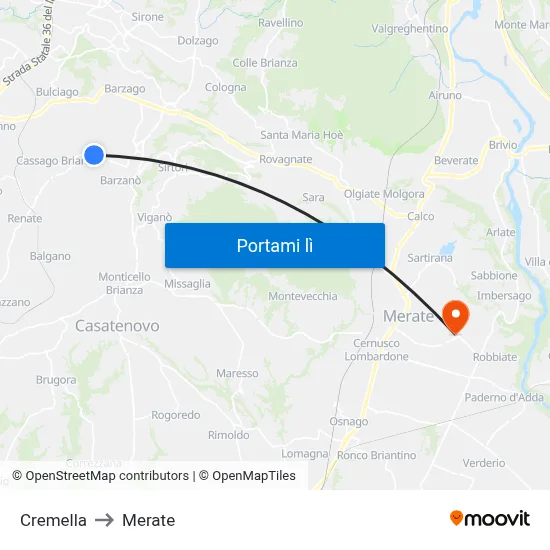 Cremella to Merate map