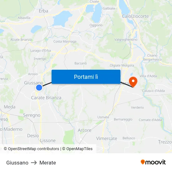 Giussano to Merate map
