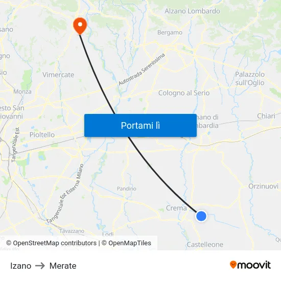 Izano to Merate map