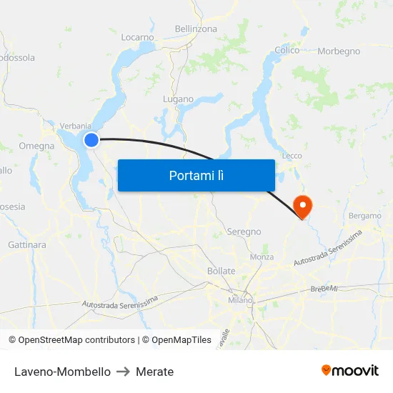 Laveno-Mombello to Merate map
