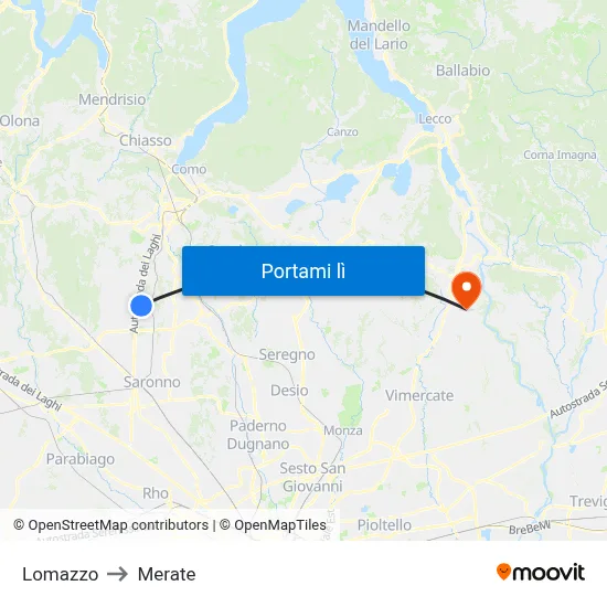 Lomazzo to Merate map