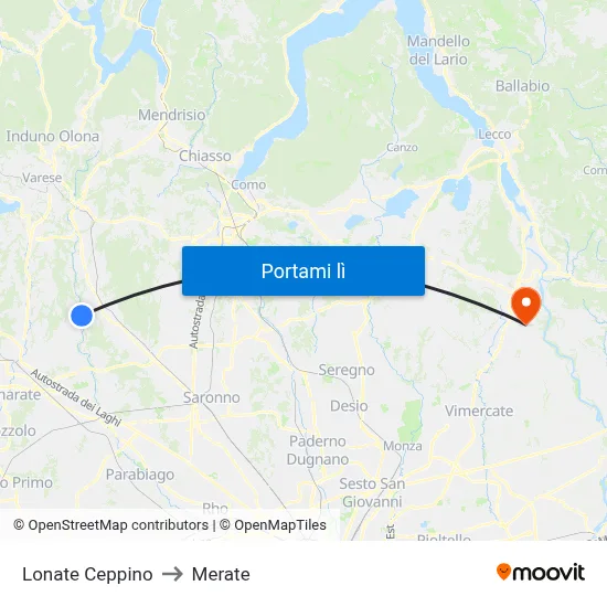 Lonate Ceppino to Merate map
