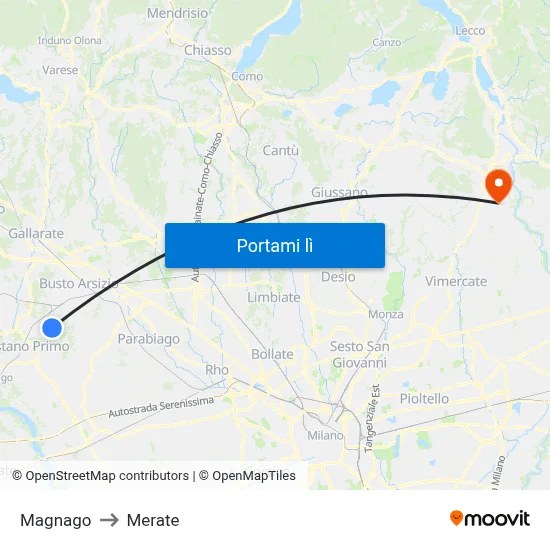 Magnago to Merate map