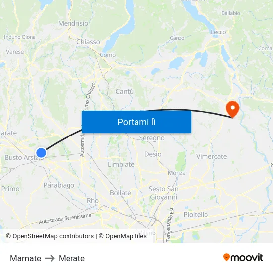 Marnate to Merate map