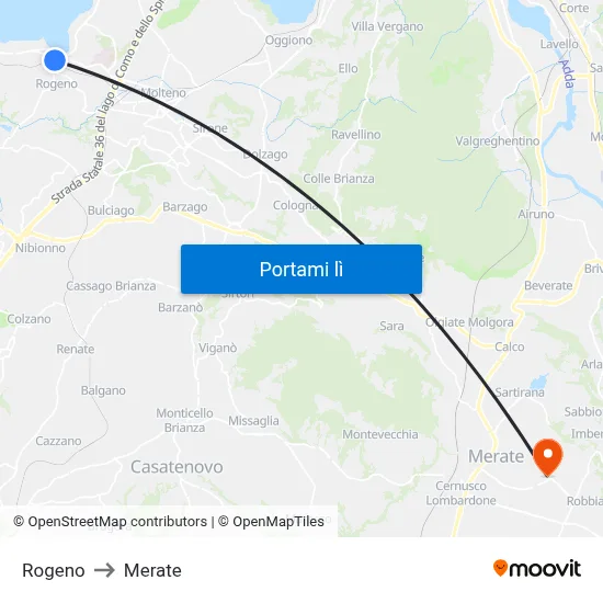 Rogeno to Merate map