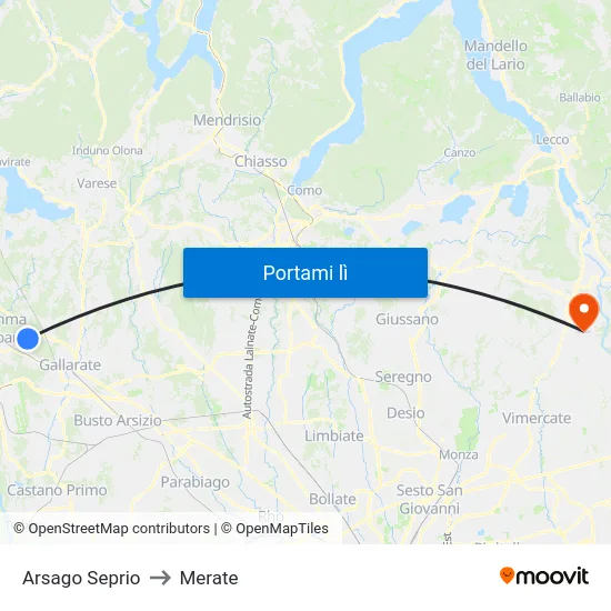 Arsago Seprio to Merate map