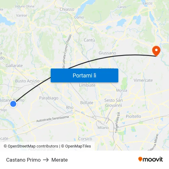 Castano Primo to Merate map