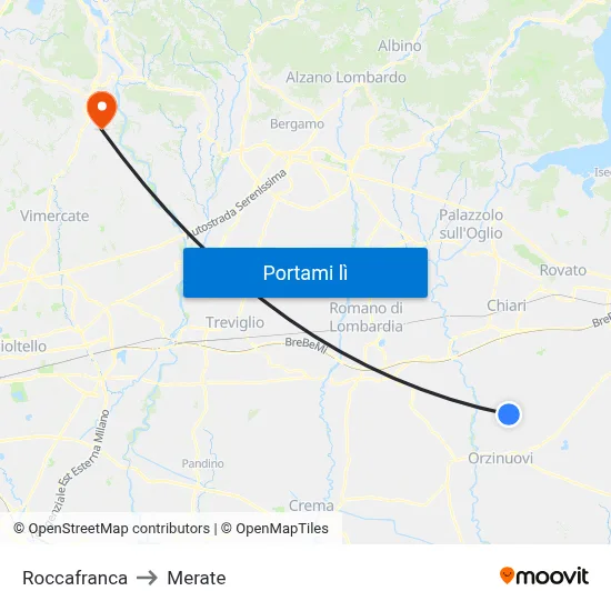 Roccafranca to Merate map