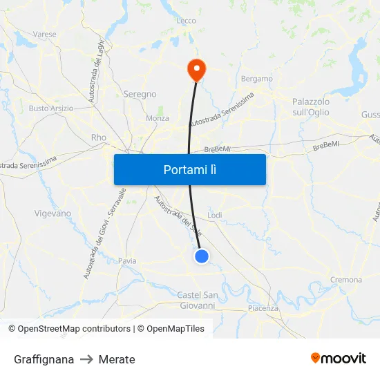 Graffignana to Merate map