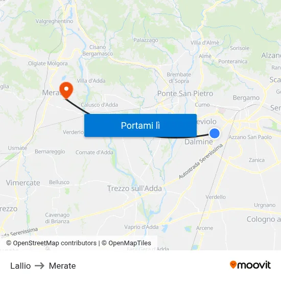 Lallio to Merate map