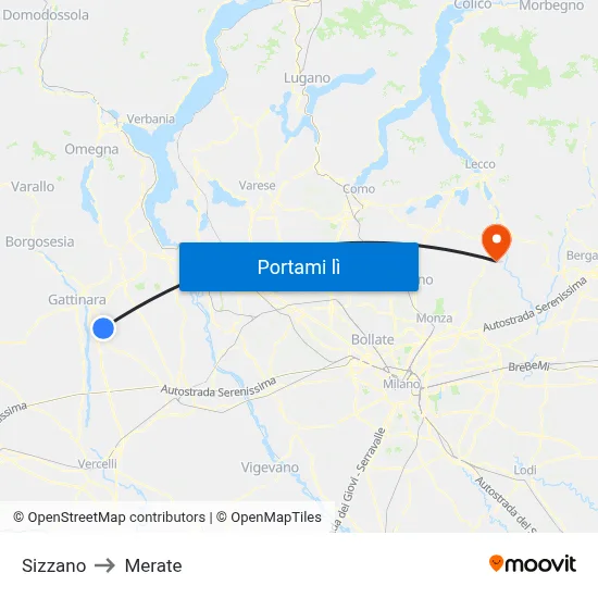 Sizzano to Merate map