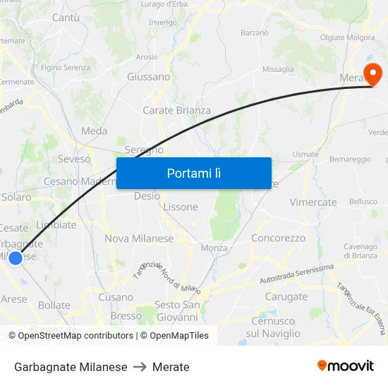 Garbagnate Milanese to Merate map