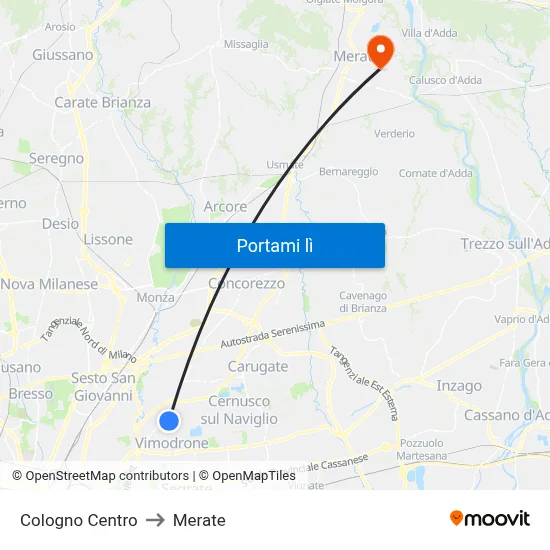 Cologno Centro to Merate map