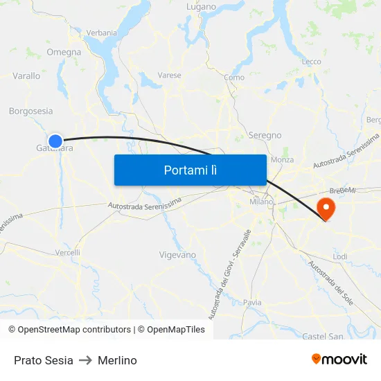 Prato Sesia to Merlino map