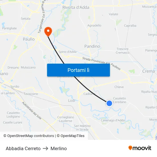 Abbadia Cerreto to Merlino map