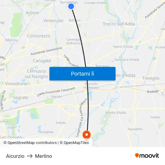 Aicurzio to Merlino map