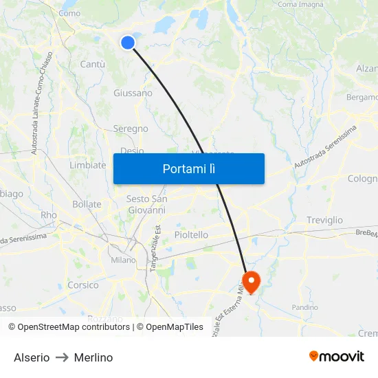 Alserio to Merlino map