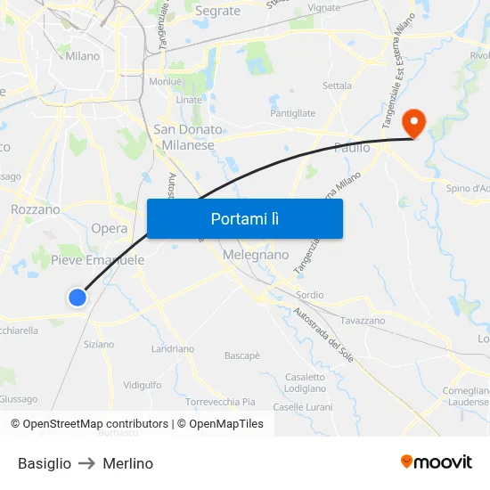 Basiglio to Merlino map