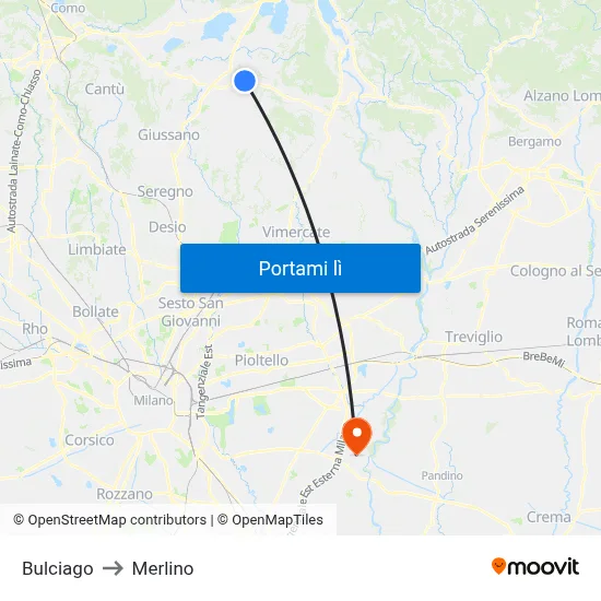 Bulciago to Merlino map