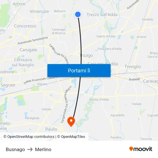 Busnago to Merlino map