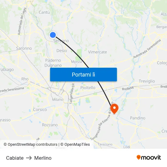 Cabiate to Merlino map