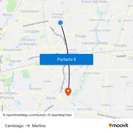 Cambiago to Merlino map