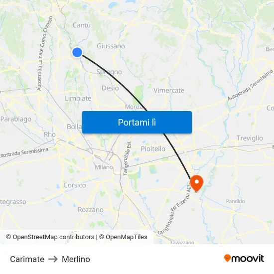 Carimate to Merlino map