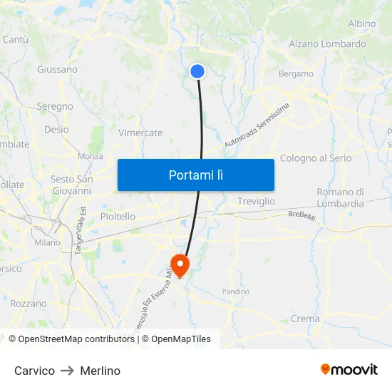 Carvico to Merlino map