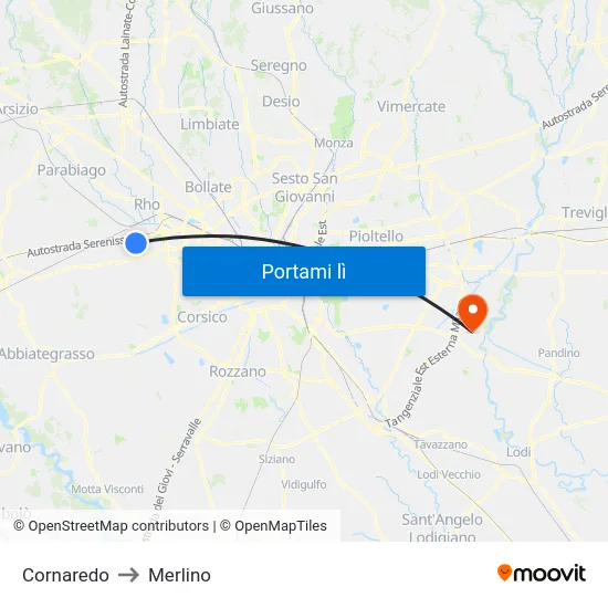 Cornaredo to Merlino map