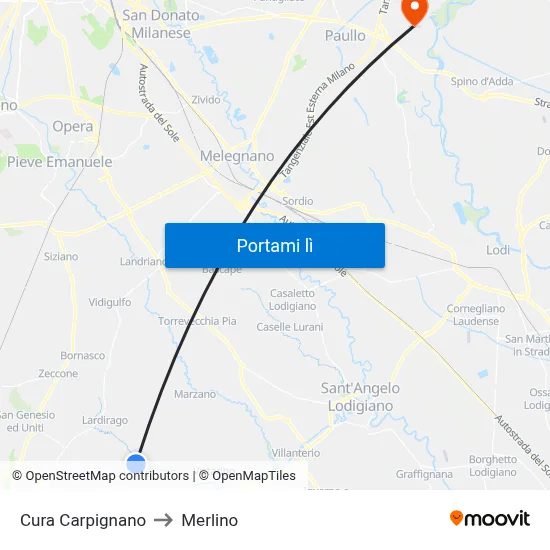 Cura Carpignano to Merlino map