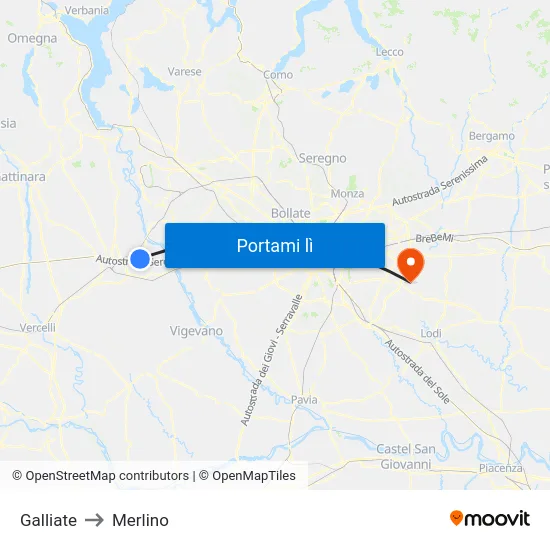 Galliate to Merlino map