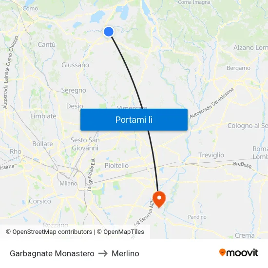 Garbagnate Monastero to Merlino map