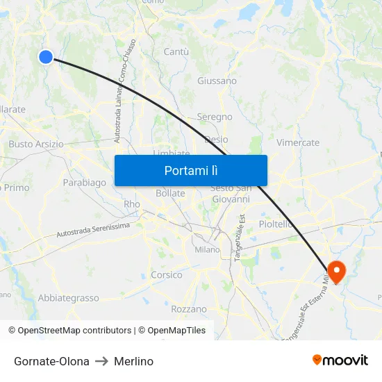 Gornate-Olona to Merlino map