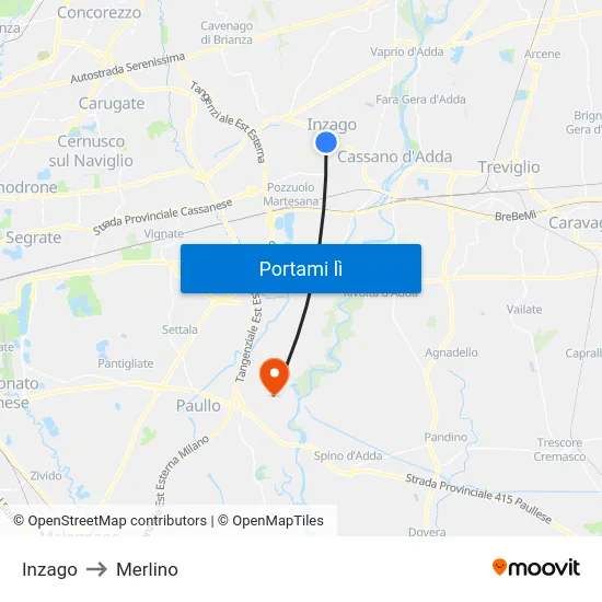 Inzago to Merlino map