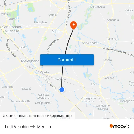 Lodi Vecchio to Merlino map